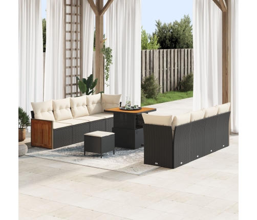Juego de Sofás de Jardín de 11 Piezas con Cojines Negro Poliratán Acacia,  Sofá de Jardín de 2 Plazas con Cojines Negro Poliratán,  Juego de Comedor de Jardín de 3 Piezas con Cojines Negro Poliratán Acacia