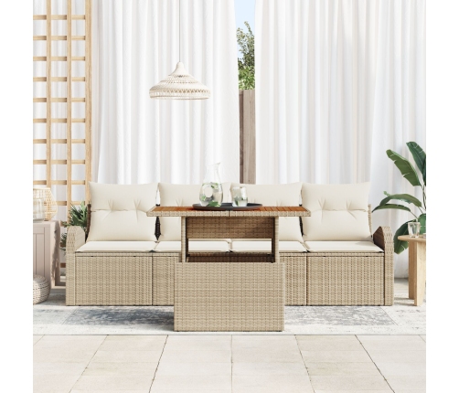 Juego de Comedor de Jardín de 5 Piezas con Cojines Beige Ratán Poliacacia