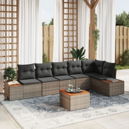 Conjunto de Sofá de Jardín de 7 Piezas con Cojines Gris Poliratán Acacia