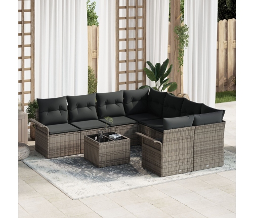 Conjunto de Sofás de Jardín de 9 Piezas con Cojines Gris Ratán Poliéster