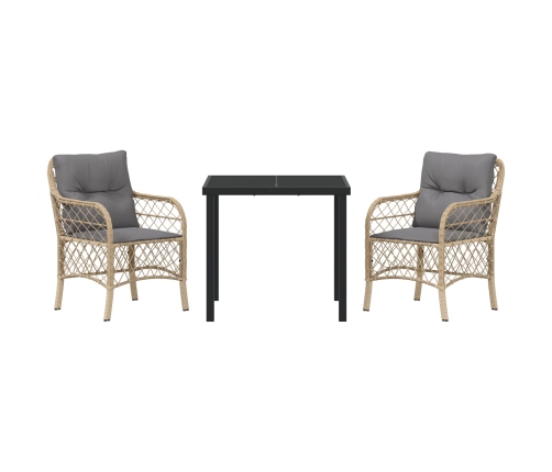 Juego de Comedor de Jardín de 3 Piezas con Cojines Beige Poliratán