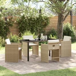 Set de comedor de jardín  de 5 piezas con cojines de poliratán beige