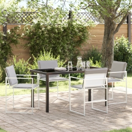 Juego de Comedor de Jardín de 5 Piezas con Cojines Blancos Textilene y Acero de