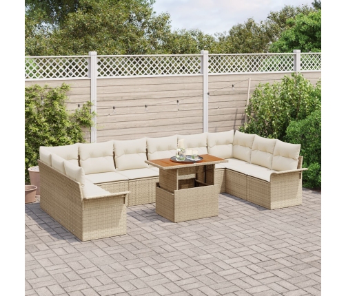 Conjunto de Comedor de Jardín de 11 Piezas con Cojines Ratán Beige Acacia