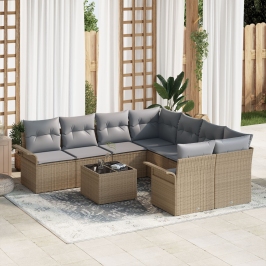 Juego de Sofá de Jardín de 9 Piezas con Cojines Beige Poli Rattan,  Sofá de Jardín de 2 Plazas con Almacenamiento y Cojines Beige Poli Rattan