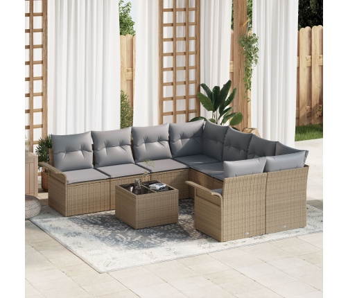 Juego de Sofá de Jardín de 9 Piezas con Cojines Beige Poli Rattan,  Sofá de Jardín de 2 Plazas con Almacenamiento y Cojines Beige Poli Rattan