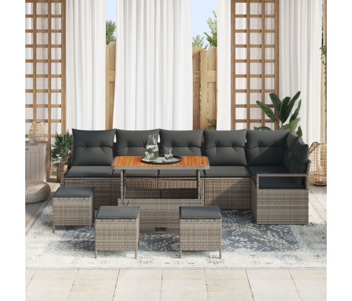 Juego de Sofás de Jardín de 10 Piezas con Cojines Gris Polirratán Acacia,  Sofá de Jardín de 2 Plazas con Almacenamiento y Cojines Gris Polirratán,  Juego de Comedor de Jardín de 4 Piezas con Cojines Gris Polirratán Acacia