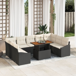 Juego de Sofá de Jardín de 10 piezas con Cojines Negro Poly Rattan
