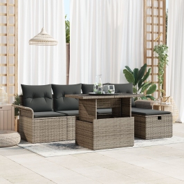 Conjunto de Sofás de Jardín  de 6 Piezas con Cojines Gris Rattan Poli