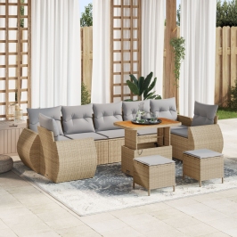 Conjunto de Sofá de Jardín de 10 Piezas con Cojines Beige Rattan Poliéster Acacia,  Conjunto de Comedor de Jardín de 3 Piezas con Cojines Beige Rattan Poliéster Acacia