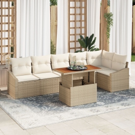 Juego de Comedor de Jardín de 7 Piezas con Cojines Beige de Ratán Sintético Acacia