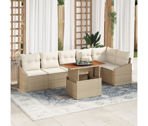 Juego de Comedor de Jardín de 7 Piezas con Cojines Beige de Ratán Sintético Acacia