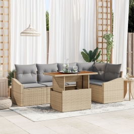 Juego de Comedor de Jardín de 6 Piezas con Cojines Beige de Poliratán y Acacia
