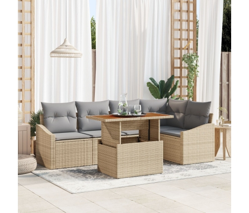 Juego de Comedor de Jardín de 6 Piezas con Cojines Beige de Poliratán y Acacia