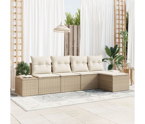 Juego de Sofá de Jardín de 5 Piezas con Cojines Beige Poliratán