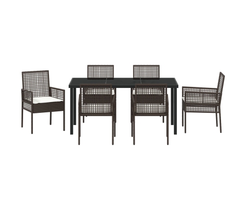 Juego de Comedor de Jardín de 7 Piezas con Cojines Marrón Poliratán