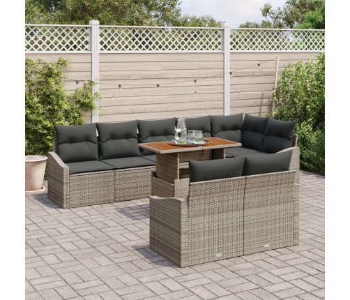 Juego de Comedor de Jardín de 9 Piezas con Cojines Gris Poliratán Acacia