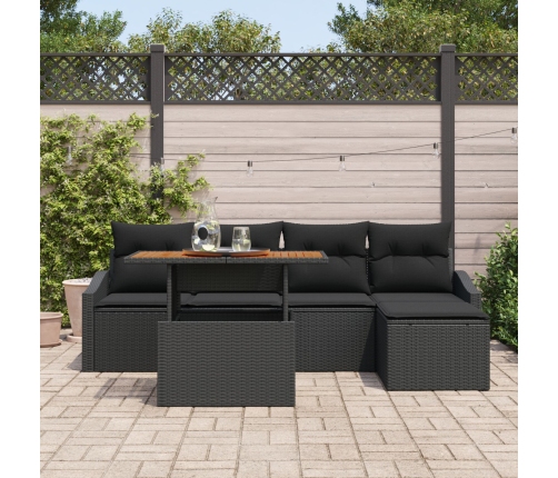 Conjunto de Comedor de Jardín de 6 Piezas con Cojines de Ratán Poliéster Negro