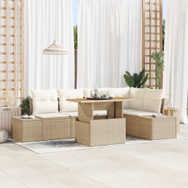 Juego de Comedor de Jardín de 6 Piezas con Cojines Beige de Ratan Sintético de Acacia