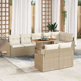 Conjunto de Comedor de Jardín  de 9 Piezas con Cojines en Ratán Sintético Beige Acacia
