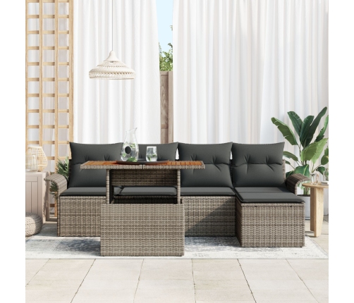 Set de Comedor de Jardín de 6 Piezas con Cojines Gris Poliratán Acacia de