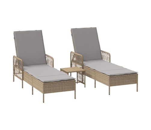 Conjunto de Tumbonas  Set de 3 Beige Ratán PE, metal Plegable
