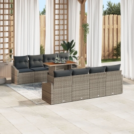 Juego de Comedor de Jardín de 9 Piezas con Cojines Gris Ratán Poliéster Acacia