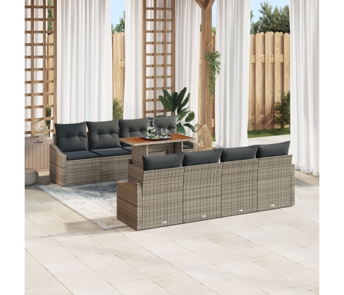 Juego de Comedor de Jardín de 9 Piezas con Cojines Gris Ratán Poliéster Acacia