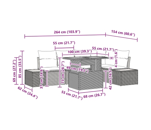 Set de Sofá de Jardín  Conjunto de 6 Beige Ratán, Poliéster, Acero