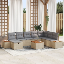 Juego de Sofá de Jardín de 9 Piezas con Cojines Beige Poliratán