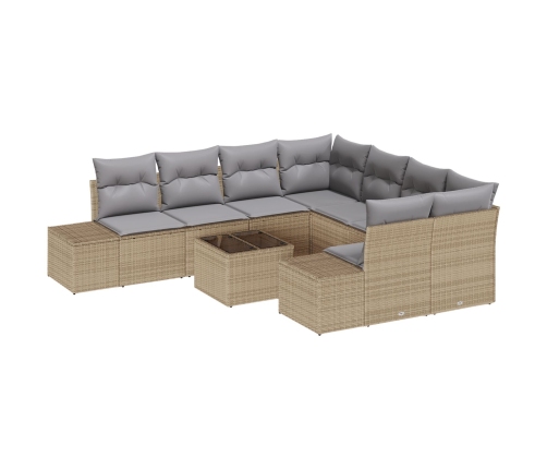 Conjunto de Sofás de Jardín  de 9 Piezas con Cojines Beige Ratán Poliéster