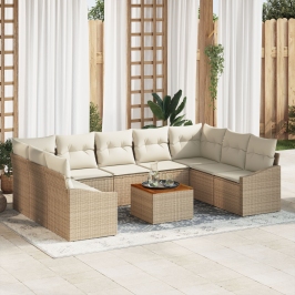 Juego de Sofás de Jardín de 10 Piezas con Cojines Beige Poliratán Acacia