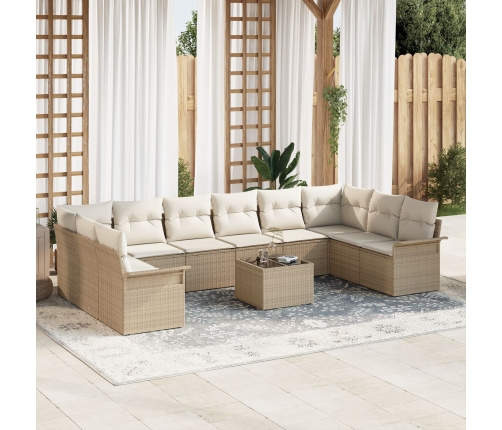 Juego de Sofás de Jardín de 11 Piezas con Cojines Ratán Poliéster Beige y Crema