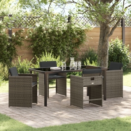 Set de Comedor de Jardín  de 5 Piezas con Cojines Gris Ratán Poliéster