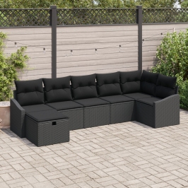 Conjunto de Sofás de Jardín de 7 Piezas con Cojines negro poliratán