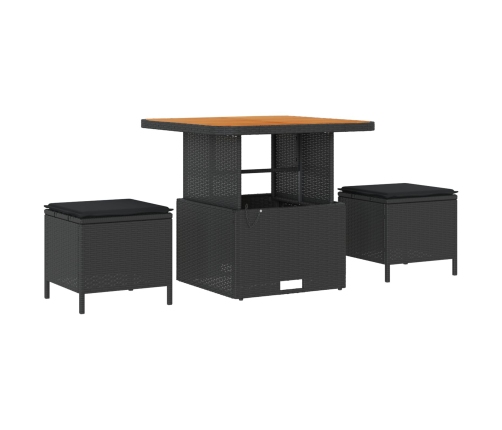 Conjunto de Comedor de Jardín de 3 Piezas con Cojines Negro de Ratán de Poliéster y Acacia