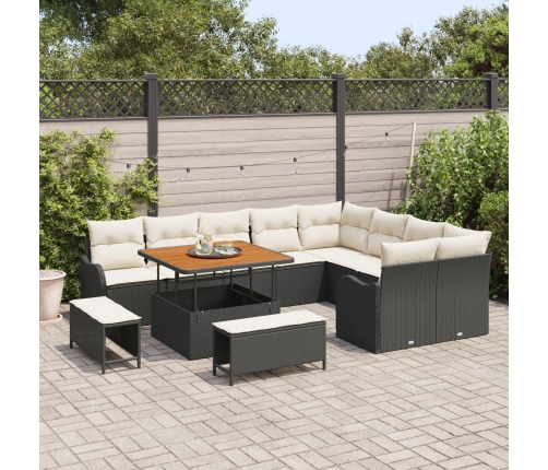 Set de Sofá de Jardín de 12 Piezas con Cojines Negro Poliratán Acacia,  Sofá de Jardín de 2 Plazas con Almacenamiento y Cojines Negro Poliratán,  Set de Comedor de Jardín de 3 Piezas con Cojines Negro Poliratán Acacia