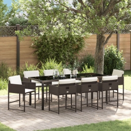 Juego de Comedor de Jardín de 9 Piezas con Cojines Rattan Poliéster Marrón