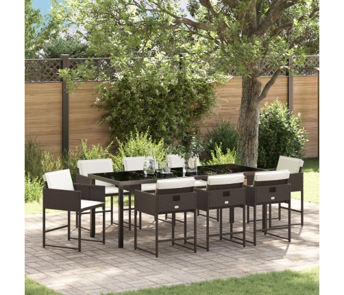 Juego de Comedor de Jardín de 9 Piezas con Cojines Rattan Poliéster Marrón