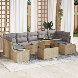 Conjunto de Sofás de Jardín de 8 Piezas con Cojines Beige Poliratán
