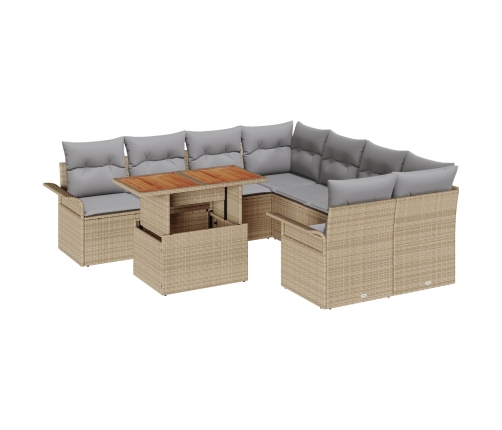 Conjunto de Sofá de Jardín de 9 Piezas con Cojines Beige Poliratán Acacia