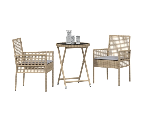 Conjunto de Bistro de Jardín de 3 Piezas  con Cojines Beige de Poliratán