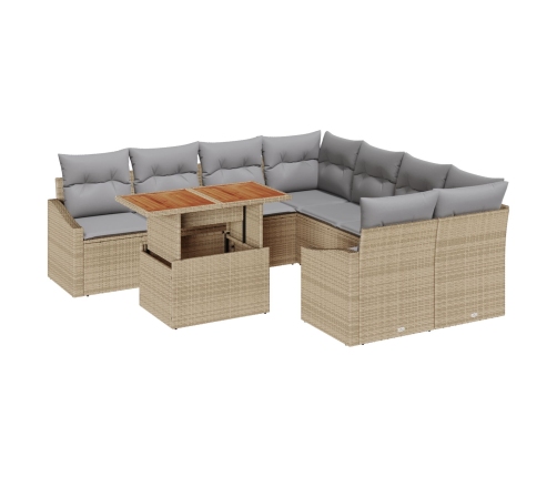 Conjunto de Comedor de Jardín de 9 Piezas con Cojines Beige de Ratán y Acacia