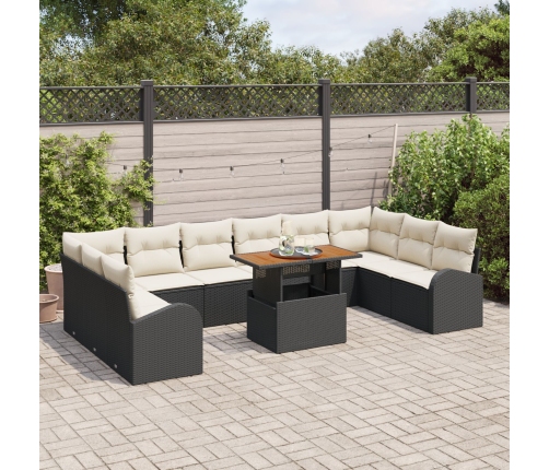 Conjunto de Comedor de Jardín de 11 Piezas con Cojines Ratán Poliéster Negro Acacia