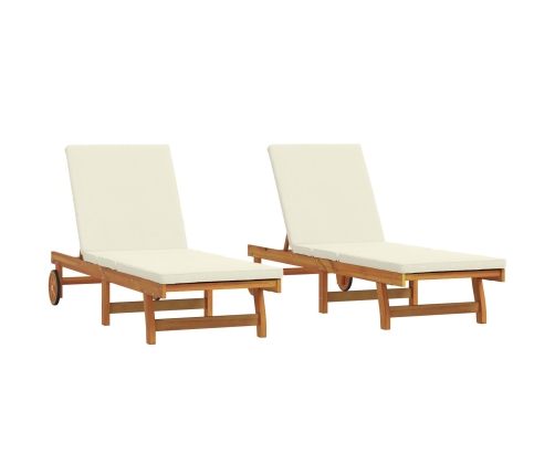 Sillones de sol  2 pcs con ruedas y cojín de madera maciza de acacia