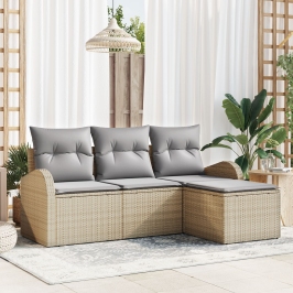 Juego de Sofá de Jardín de 4 Piezas con Cojines Beige de Ratán