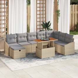 Conjunto de sofá de jardín de 9 piezas con cojines beige de ratán sintético