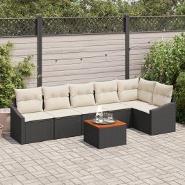 Conjunto de Sofás de Jardín de 7 Piezas con Cojines Negro Poliratán Acacia