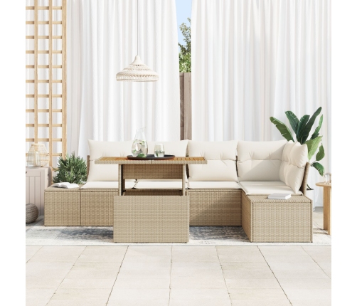 Juego de Comedor de Jardín de 6 Piezas con Cojines Beige de Ratan Sintético de Acacia
