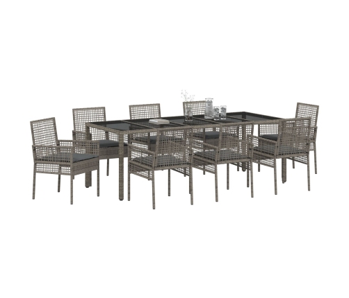Conjunto de Comedor de Jardín de 9 Piezas con Cojines Gris de Poliratán